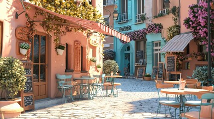 Fototapeta premium Charming European Town Street with Colorful Storefronts and Outdoor Cafe Seating