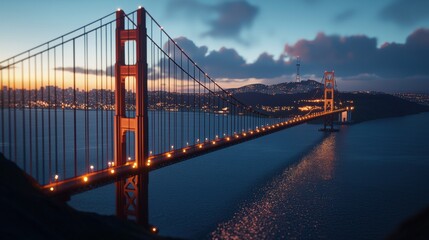 Obraz premium Golden Gate Bridge at Sunset with Dramatic Cloudy Sky over Scenic San Francisco Bay