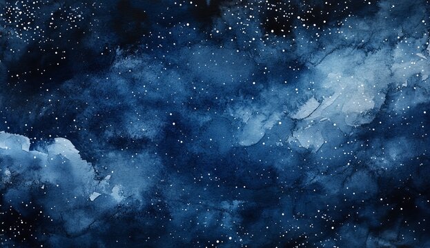 Abstract watercolor painting of a starry night sky with white stars scattered on a dark blue background.