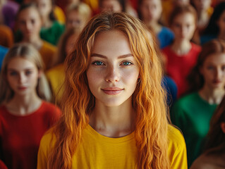 A woman stands out from a large crowd of people, exuding confidence and empowerment, symbolizing individuality and inclusion.