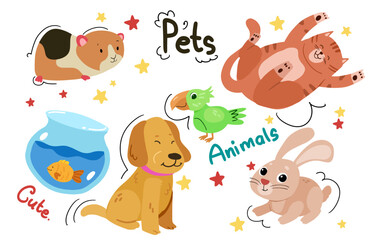 Cartoon style sticker set of pets