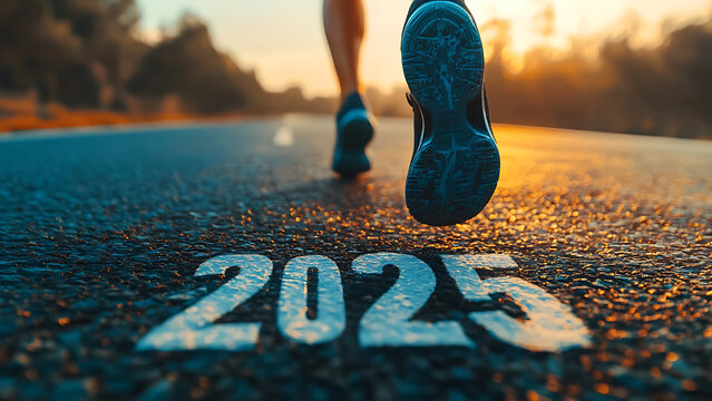 Concept Starting to new year, A man wearing running shoes steps on the number 2025.