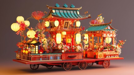 Vibrant Chinese Festival Parade with Illuminated Lantern Floats and Traditional Pagodas