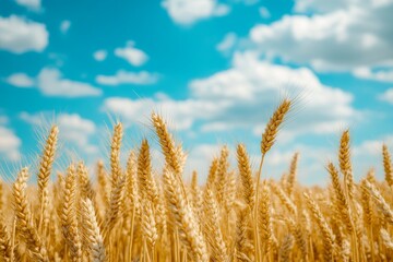 Fototapeta premium Golden wheat stalks in a field under a blue sky with white fluffy clouds.