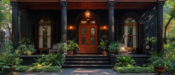 Obraz premium Black Victorian House with Porch and Lush Greenery