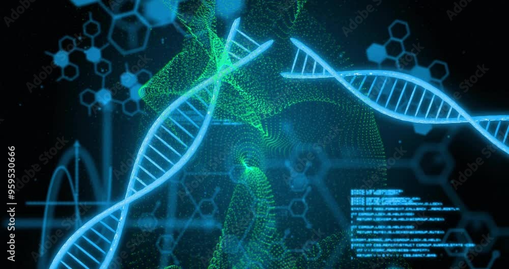 Aufkleber dna strands and molecular structures with data processing animation