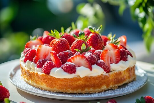 Cake Tarte tropezienne or La Tarte de Saint Tropez. dessert pastry consisting of filled brioche with cream and fresh berries served outdoor with fresh ripe strawberry. Generative Ai