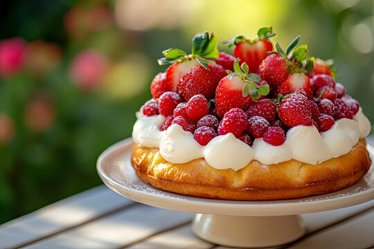 Cake Tarte tropezienne or La Tarte de Saint Tropez. dessert pastry consisting of filled brioche with cream and fresh berries served outdoor with fresh ripe strawberry. Generative Ai