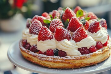 Cake Tarte tropezienne or La Tarte de Saint Tropez. dessert pastry consisting of filled brioche with cream and fresh berries served outdoor with fresh ripe strawberry. Generative Ai