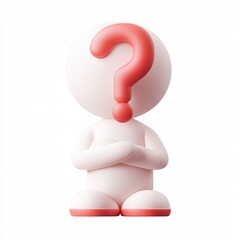 A simple 3D cartoon figure with a question mark over its head, sitting with arms crossed.