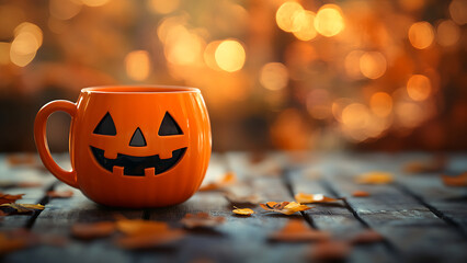 Halloween mug with a jack-o-lantern face on a wooden surface with autumn leaves.