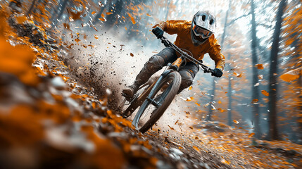 A cyclist speeding down a mountain trail, dirt and leaves flying, forest setting, dynamic movement