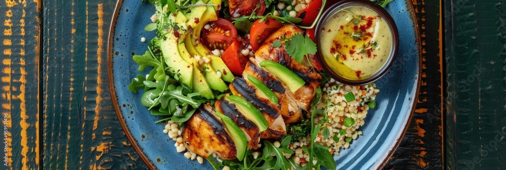 Poster nutritious top view of a grilled chicken salad with tomatoes, avocado, and couscous served with dipp