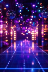 Vibrant dance floor with colorful lights and disco balls, perfect for nightlife themes and party atmosphere.