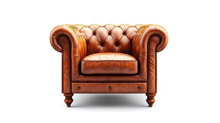 High-quality brown leather armchair isolated on white background, featuring detailed leather texture, sharp focus, and white space around the edges for versatile graphic design and post-processing use