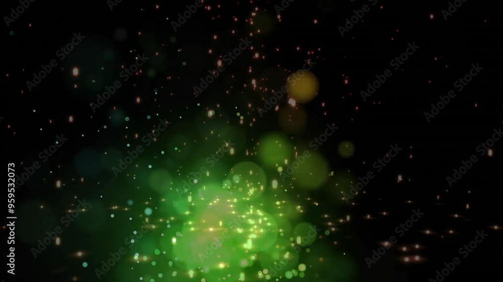 Poster green and yellow glowing particles animation over dark background with bokeh effect