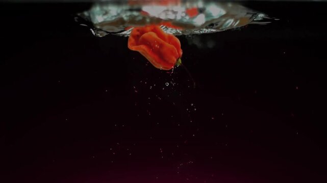 Red object splashing into water, creating bubbles and ripples, animation over dark background