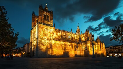Fototapeta premium Breathtaking Night View of Porto s Historic Cathedral and Riverfront