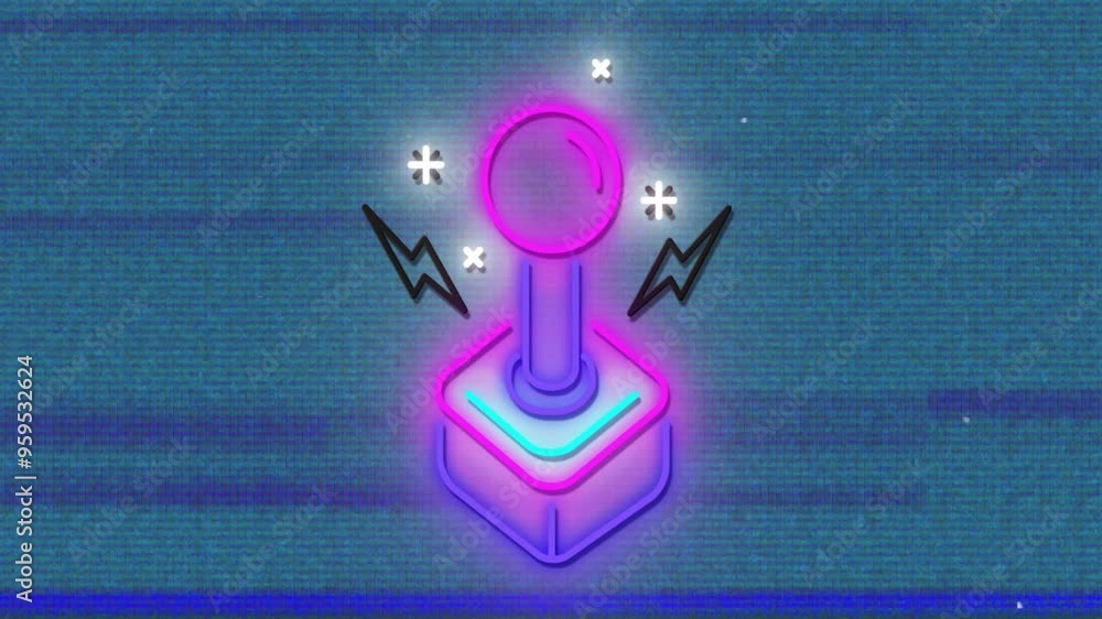 Poster retro joystick with glowing neon lights and sparkles animation on blue background