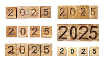 Set of wooden cubes with number of new year 2025 isolated on transparent background