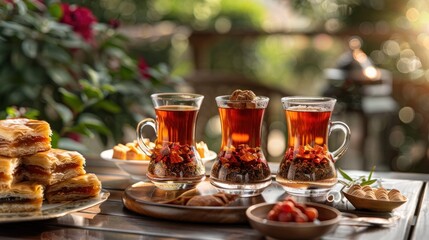 Fototapeta premium Turkish Tea in Traditional Tulip-Shaped Glasses with Assorted Baklava and Turkish Delight