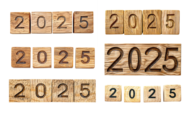 Set of wooden cubes with number of new year 2025 isolated on transparent background