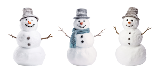 Three snowmen isolated on transparent background