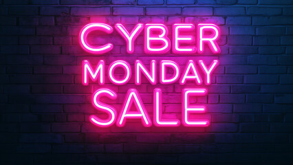A pink neon sign that says "Cyber Monday Sale" against a brick wall.