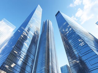 Obraz premium Low angle view of towering skyscrapers against a bright blue sky with puffy white clouds.