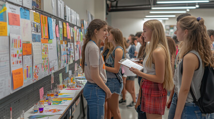 A science fair with students presenting their projects, colorful poster boards, experiments set up on tables