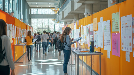 A science fair with students presenting their projects, colorful poster boards, experiments set up on tables