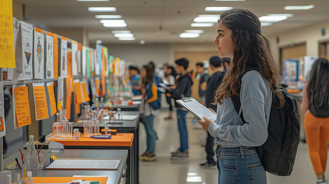 A science fair with students presenting their projects, colorful poster boards, experiments set up on tables