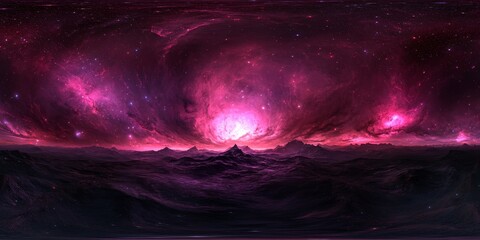 A panoramic view of a fantastical alien landscape with a bright pink nebula above.