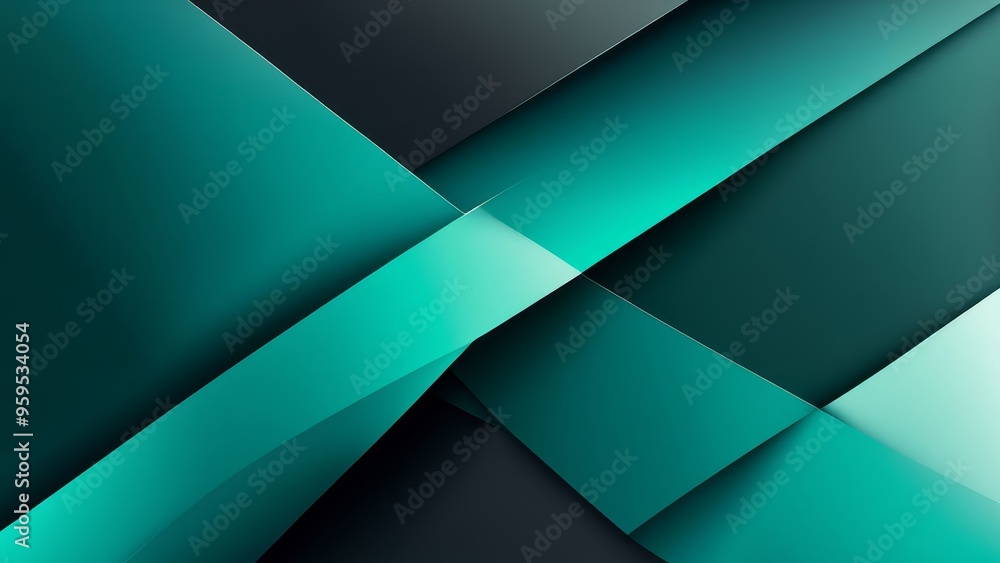 Poster abstract geometric design with overlapping turquoise and black shapes with gradients and shadows.