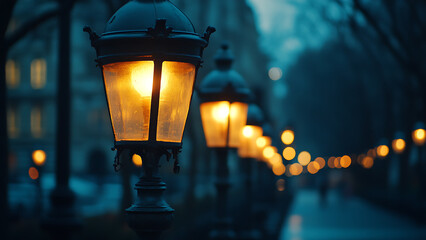 This image shows a row of street lamps with warm light illuminating a walkway.