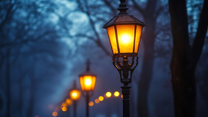 This image shows a row of street lamps with warm light illuminating a walkway.
