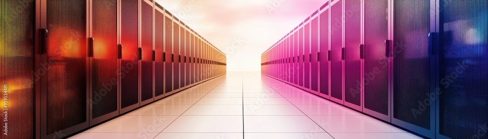 Poster a vibrant data center hallway with colorful server racks, representing high-tech information storage
