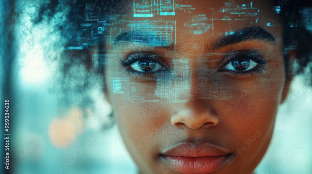 Poster advanced ai facial recognition system overlaying passport photo for enhanced border control