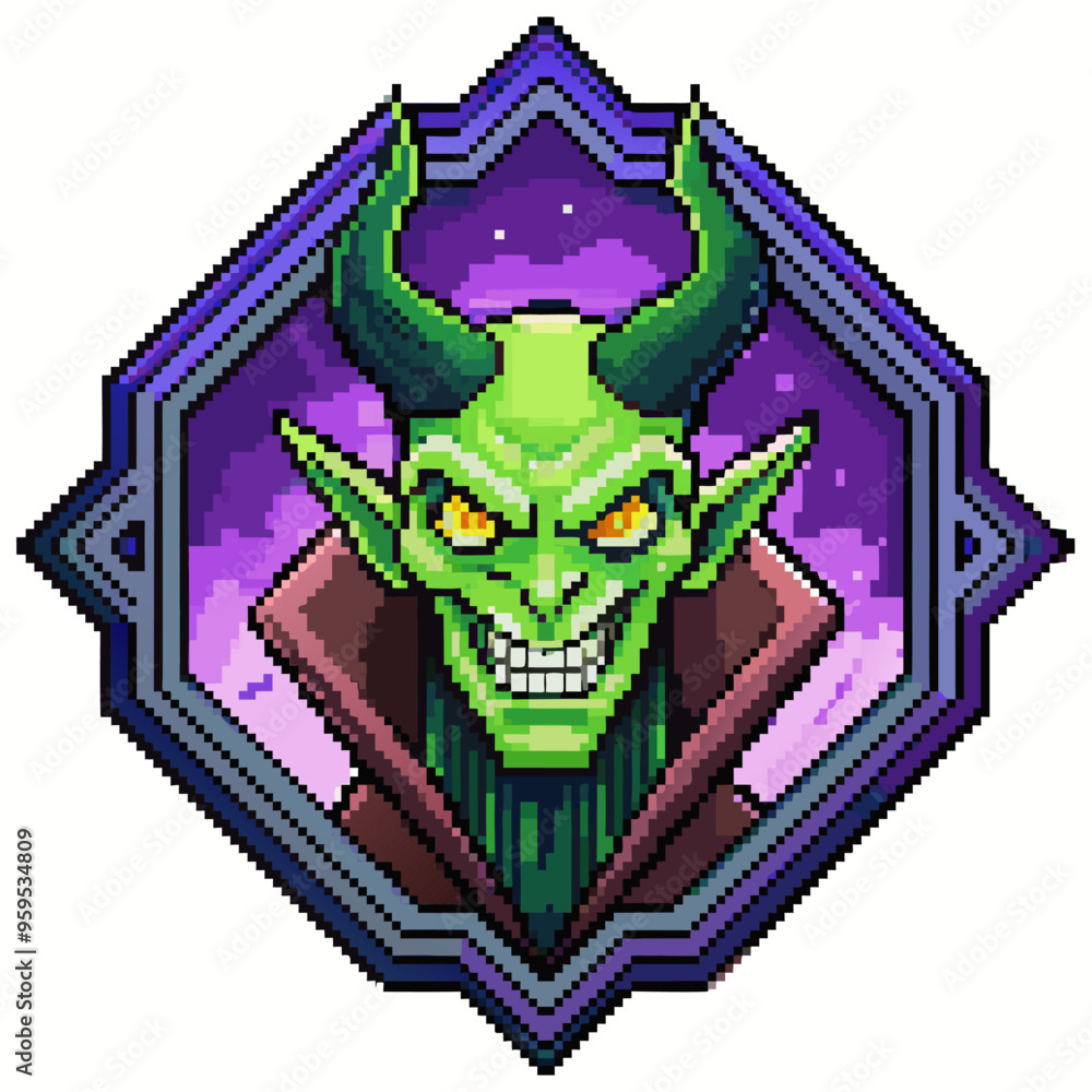 Poster pixel art green goblin avatar with horns and evil grin in hexagonal frame