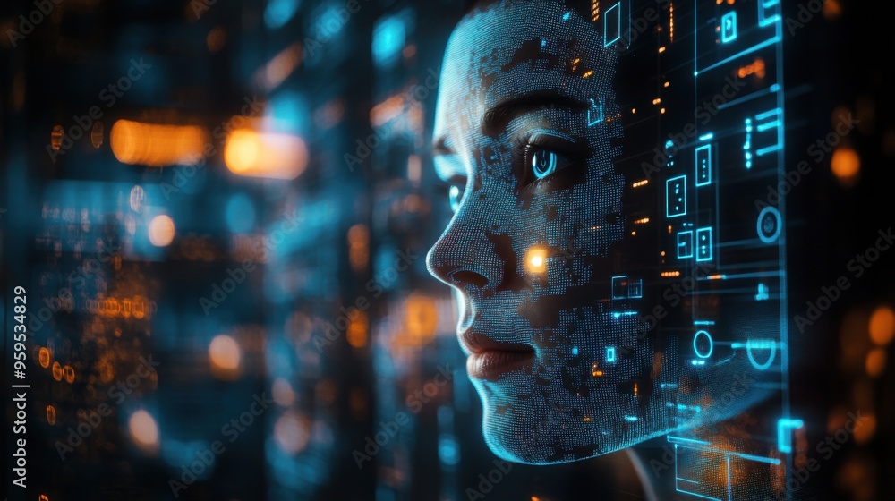 Poster futuristic facial recognition technology in high-security facility with data visuals monitoring syst