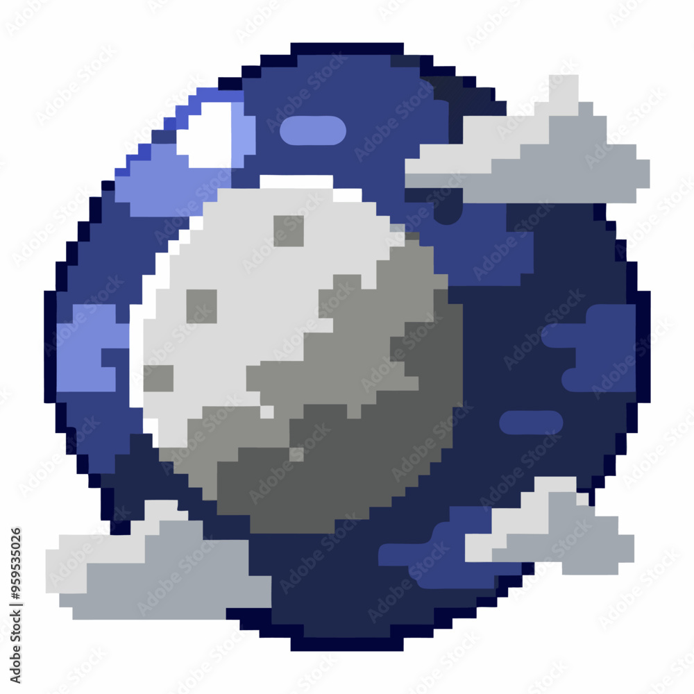 Poster pixelated moon with clouds in retro video game style