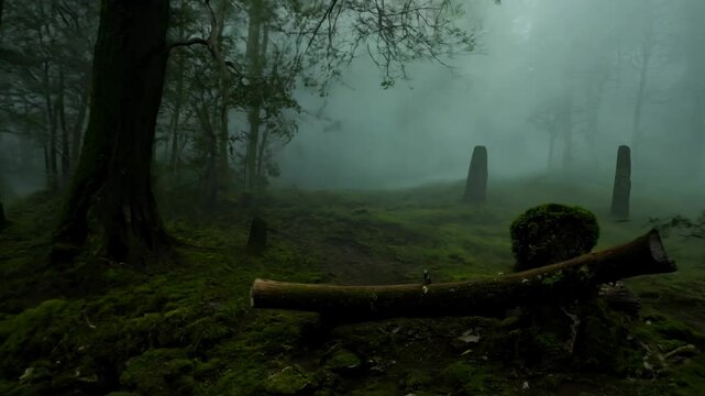 Misty forest path, forward motion into the unknown.