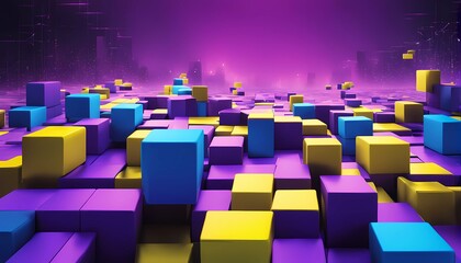 Obraz premium A geometric illustration representing the concept of digitalization, with moving blocks or cubes forming a network. Electric blue, purple, and neon yellow colors are used to create a futuristic look