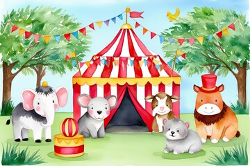 Obraz premium Whimsical Circus Animal Watercolor Illustration for Children