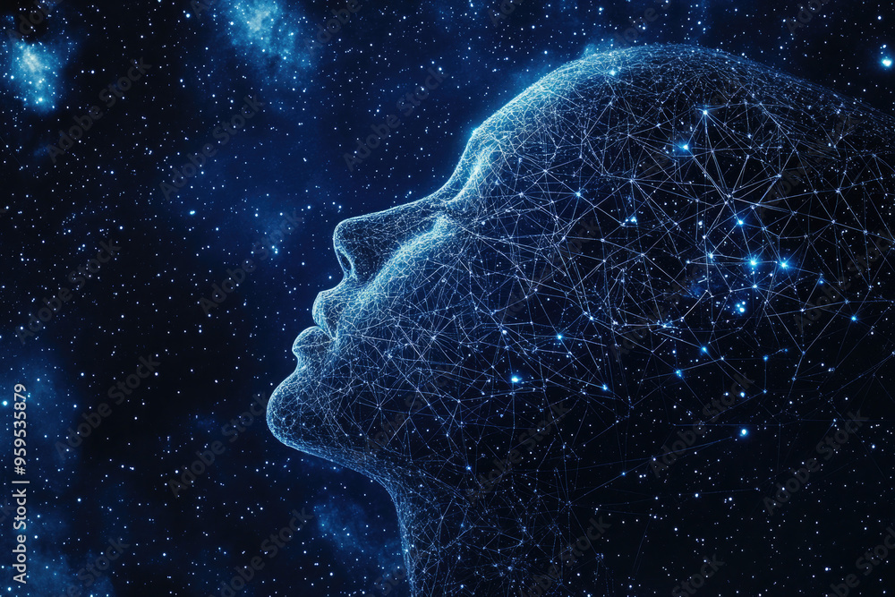 Poster artificial intelligence concept with a human head made of connecting lines and dots representing the