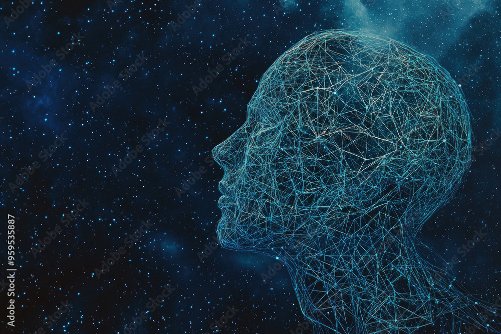 Poster artificial intelligence concept with a human head made of connecting lines and dots representing the