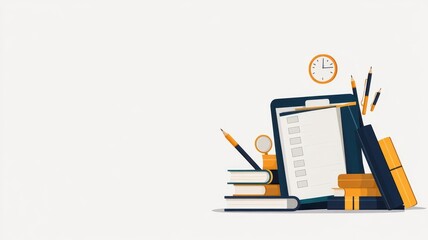 School planner with subject icons, educational focus, flat design illustration