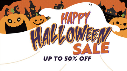 カボチャやお城で飾られたハッピーハロウィンセールの広告背景テンプレート（オレンジ）　Happy Halloween Sale ad background template decorated with pumpkins and castles (orange)