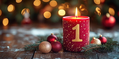 Red candle with number one surrounded by christmas decoration, marking the first sunday of advent, a time of waiting, preparation for the celebration of the nativity of Jesus Christ. Erster Advent