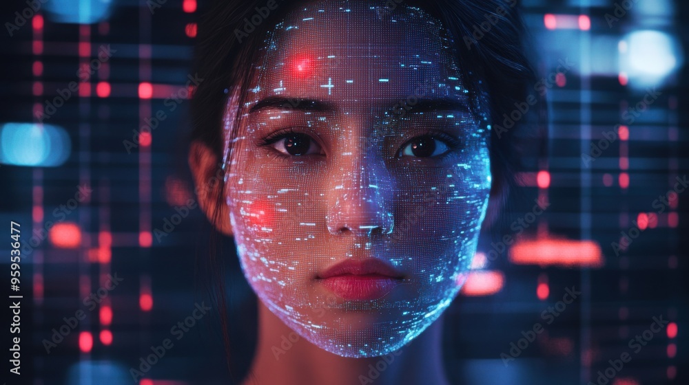 Poster futuristic digital facial mapping for advanced security measures with holographic data background